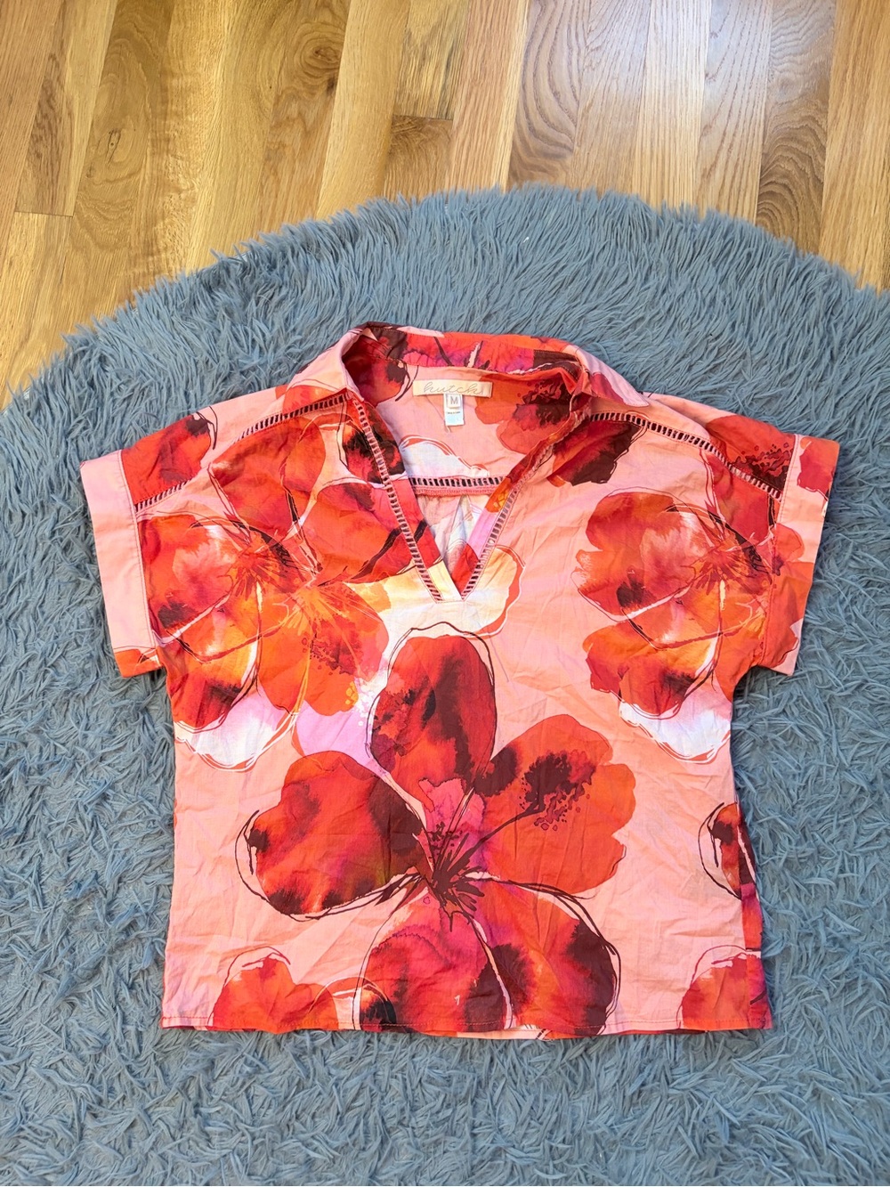 Anthropologie Hutch Floral Pink & Red Short Sleeve Top Size M